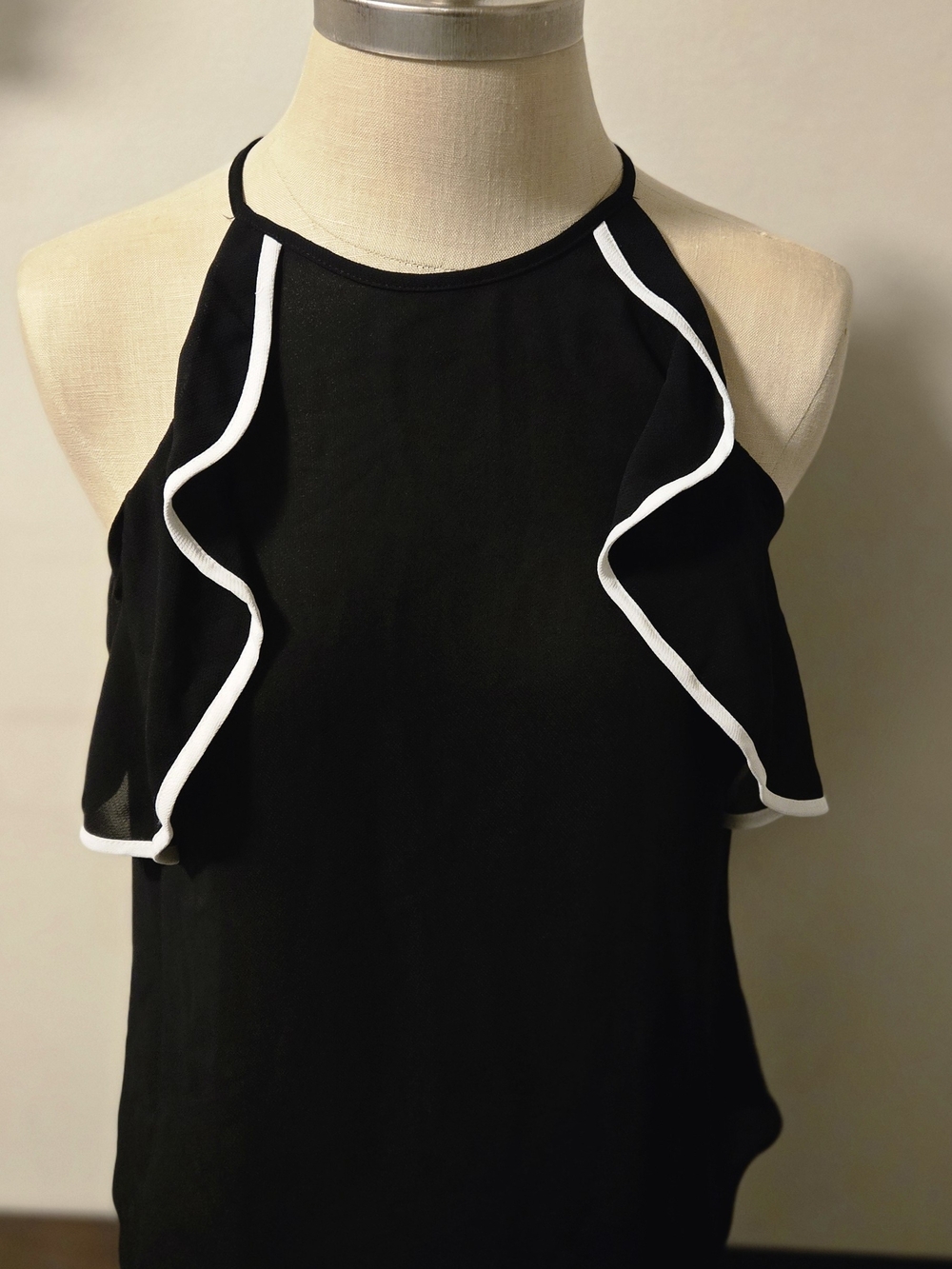 Nwt IZ BYER Women's Sheer Black & White Blouse With Ruffle Trim   Small